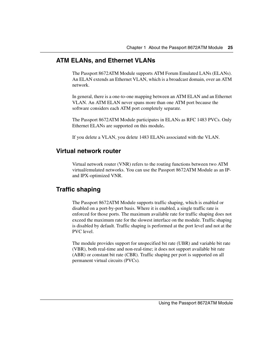 Atm elans, and ethernet vlans, Virtual network router, Traffic shaping | Nortel Networks Passport Module 8672A User Manual | Page 25 / 152