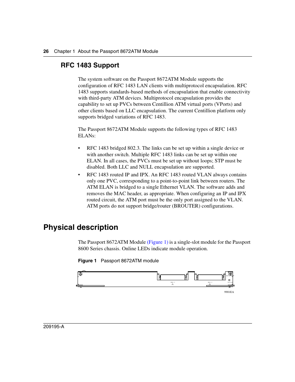 Rfc 1483 support, Physical description, Figure 1 | Passport 8672atm module | Nortel Networks Passport Module 8672A User Manual | Page 26 / 152