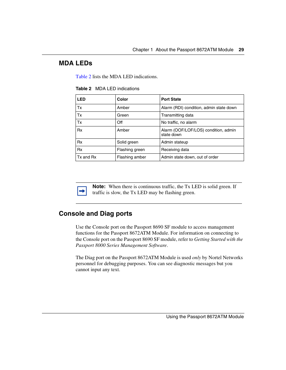 Mda leds, Console and diag ports, Table 2 | Mda led indications | Nortel Networks Passport Module 8672A User Manual | Page 29 / 152