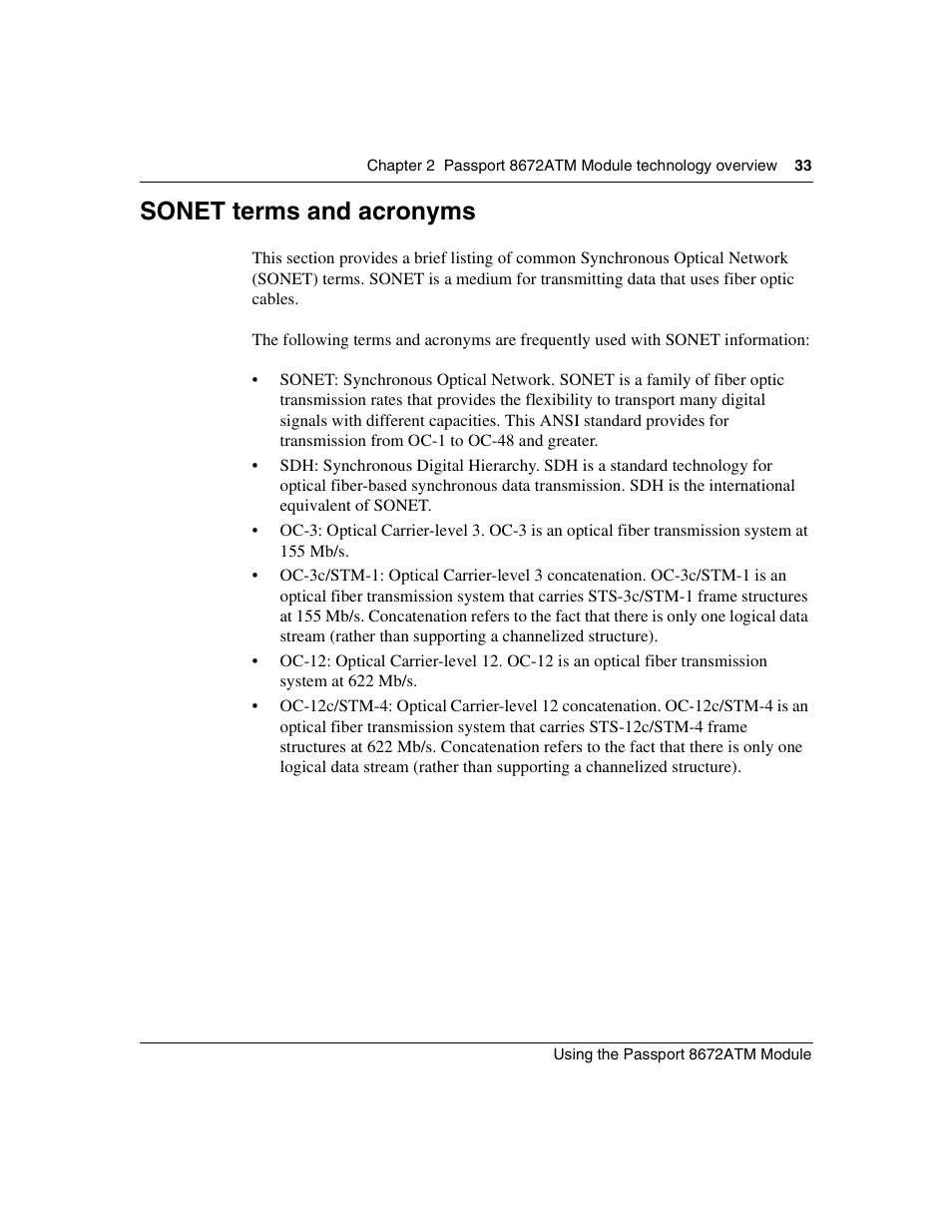 Sonet terms and acronyms | Nortel Networks Passport Module 8672A User Manual | Page 33 / 152