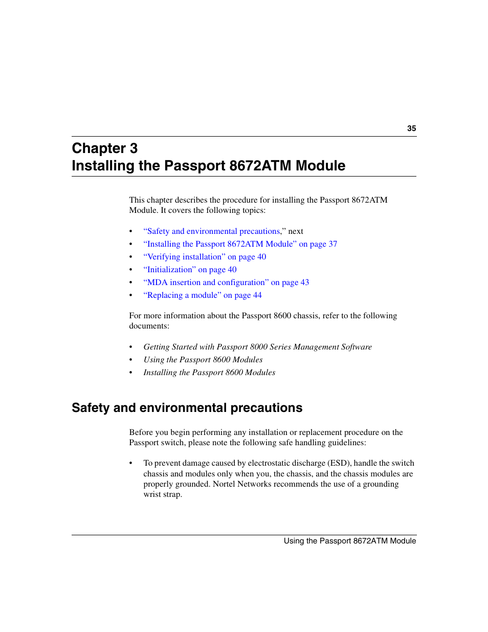 Chapter 3 installing the passport 8672atm module, Safety and environmental precautions | Nortel Networks Passport Module 8672A User Manual | Page 35 / 152