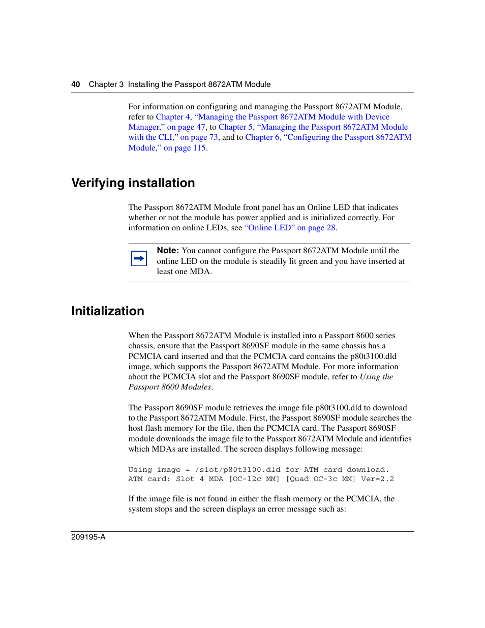 Verifying installation, Initialization | Nortel Networks Passport Module 8672A User Manual | Page 40 / 152