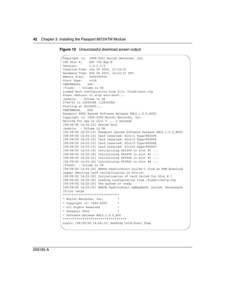 Figure 10, Unsuccessful download screen output | Nortel Networks Passport Module 8672A User Manual | Page 42 / 152