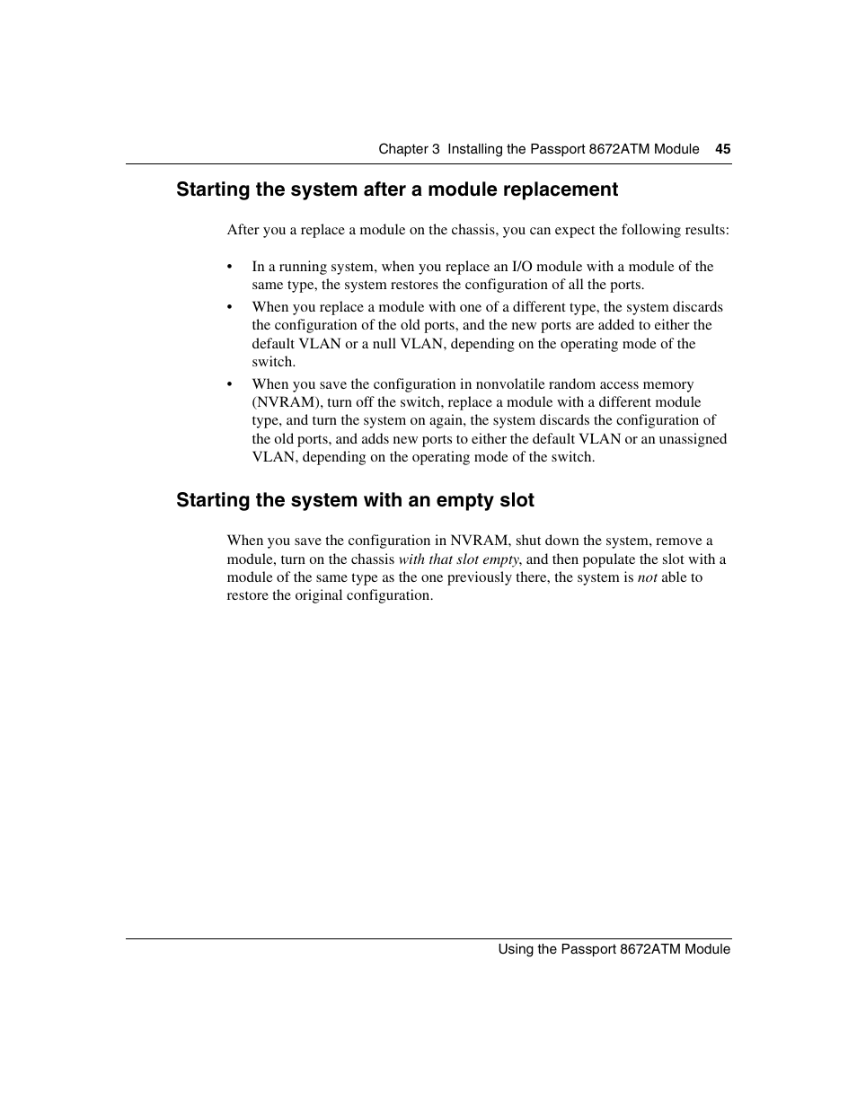Starting the system after a module replacement, Starting the system with an empty slot | Nortel Networks Passport Module 8672A User Manual | Page 45 / 152