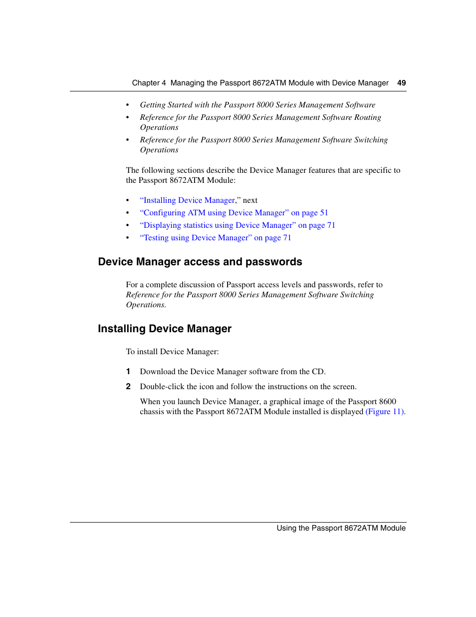 Device manager access and passwords, Installing device manager | Nortel Networks Passport Module 8672A User Manual | Page 49 / 152