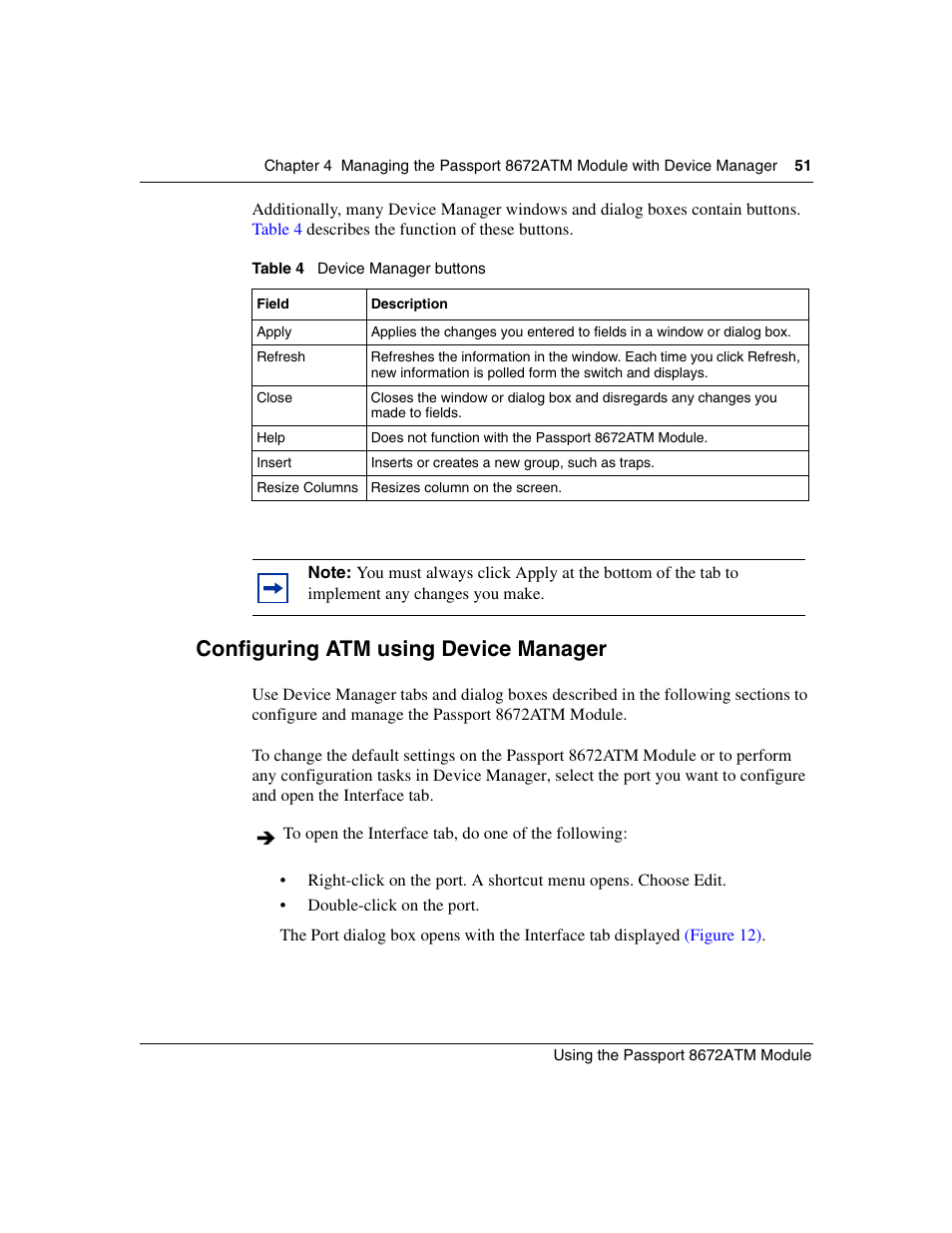 Configuring atm using device manager, Table 4, Device manager buttons | Nortel Networks Passport Module 8672A User Manual | Page 51 / 152