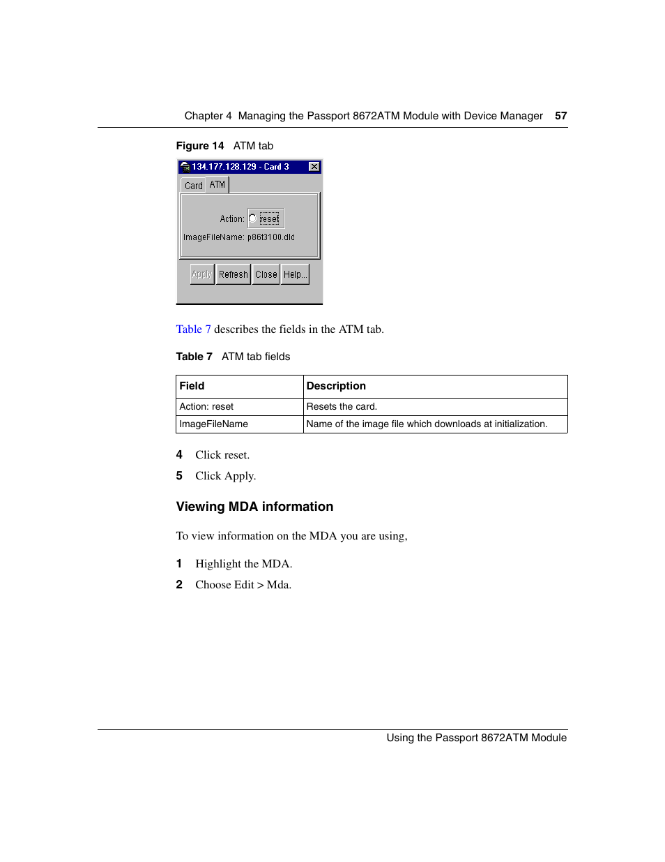 Viewing mda information, Figure 14, Atm tab | Table 7, Atm tab fields | Nortel Networks Passport Module 8672A User Manual | Page 57 / 152