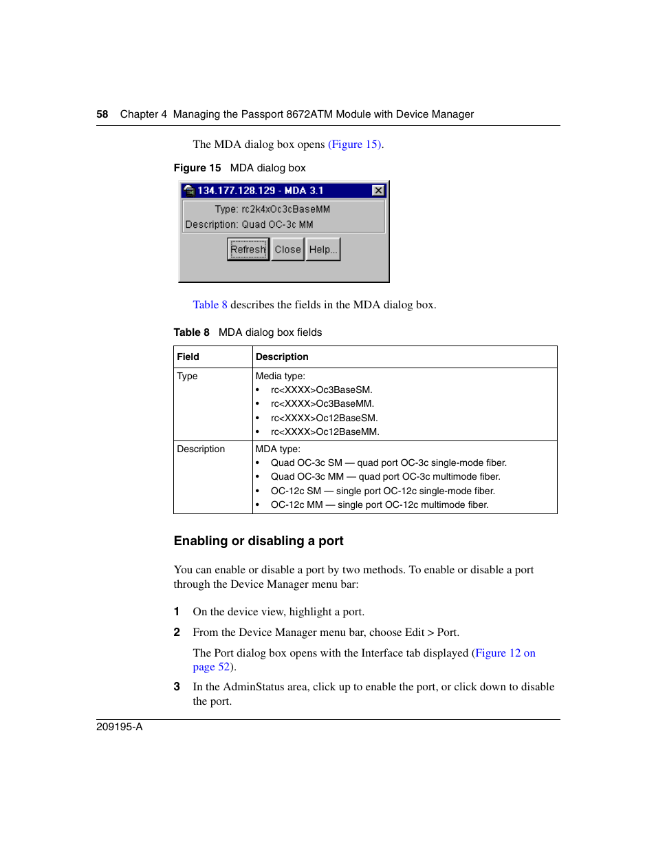 Enabling or disabling a port, Figure 15, Mda dialog box | Table 8, Mda dialog box fields, Enabling or disabling a port” on | Nortel Networks Passport Module 8672A User Manual | Page 58 / 152