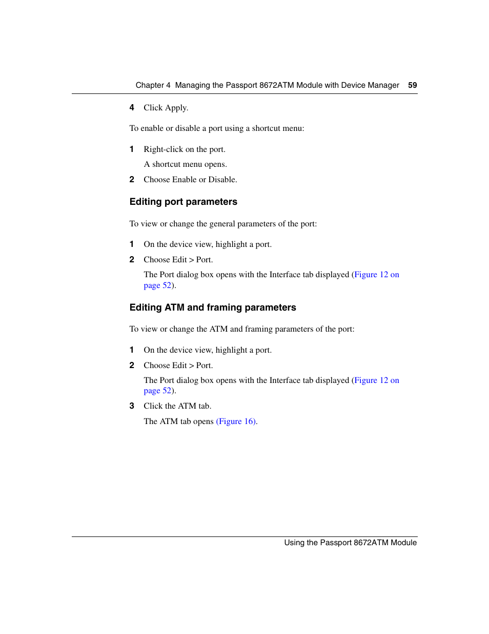 Editing port parameters, Editing atm and framing parameters | Nortel Networks Passport Module 8672A User Manual | Page 59 / 152