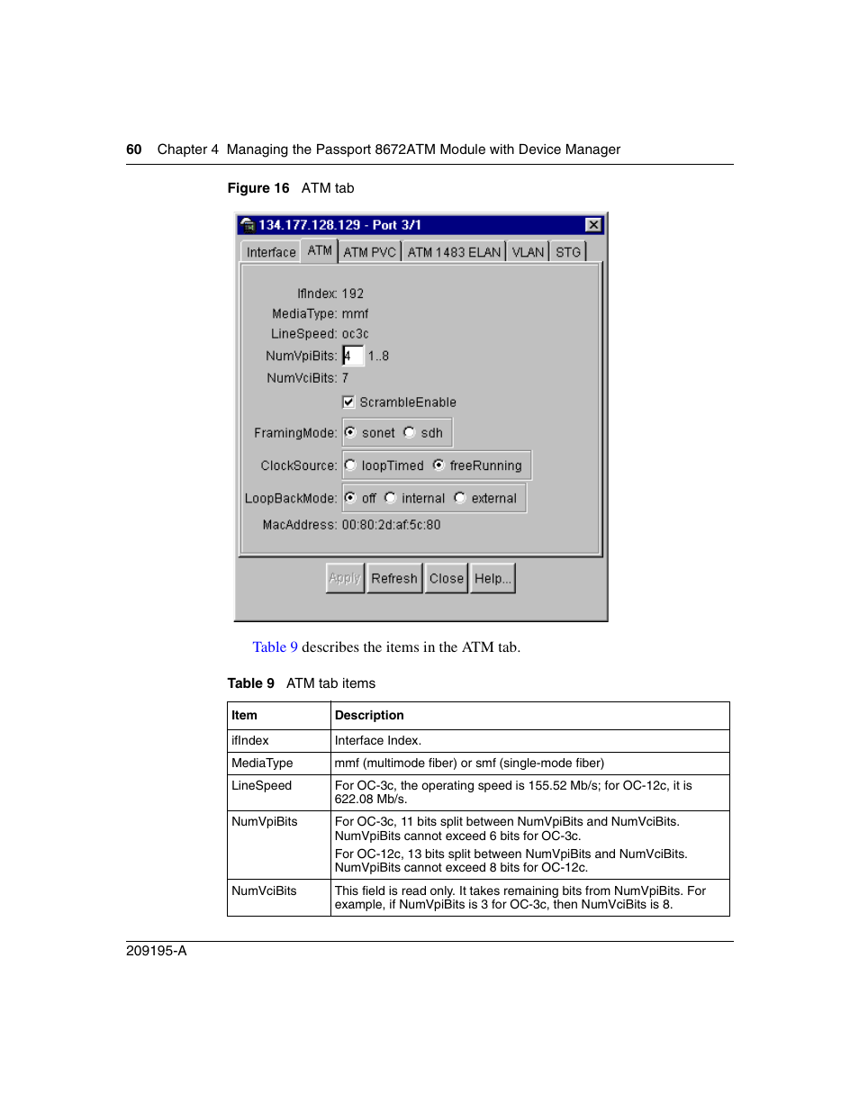 Figure 16, Atm tab, Table 9 | Atm tab items, Figure 16) | Nortel Networks Passport Module 8672A User Manual | Page 60 / 152