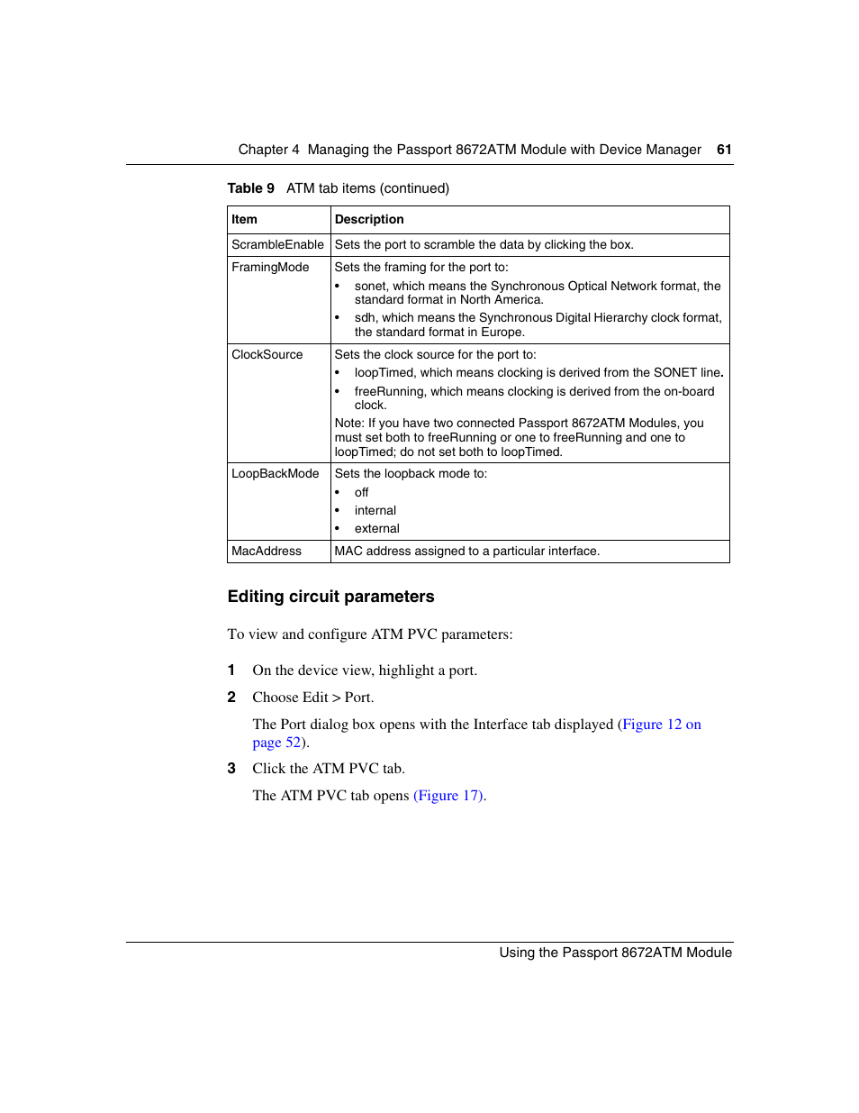 Editing circuit parameters | Nortel Networks Passport Module 8672A User Manual | Page 61 / 152