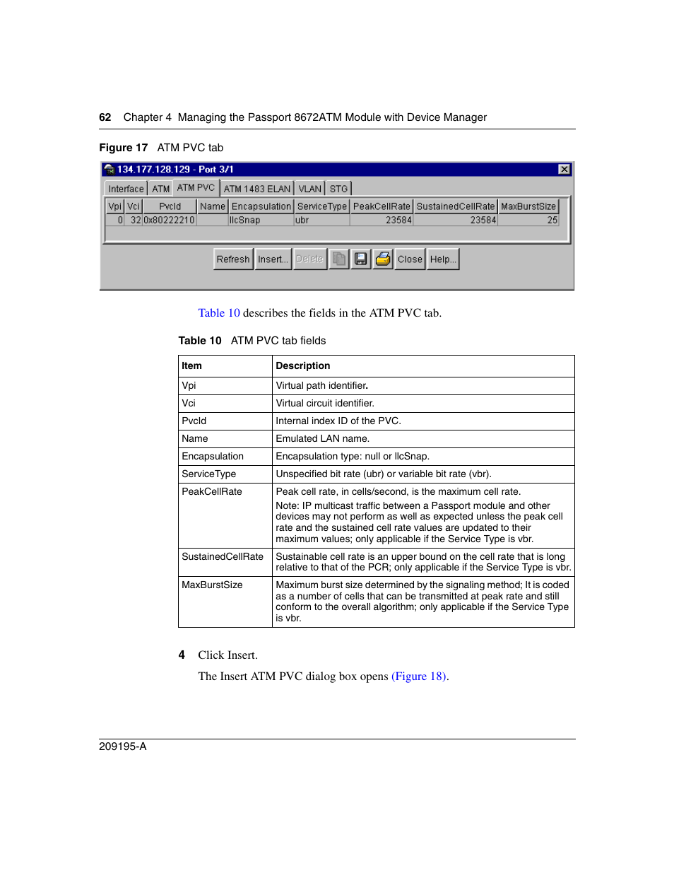 Figure 17, Atm pvc tab, Table 10 | Atm pvc tab fields, Figure 17) | Nortel Networks Passport Module 8672A User Manual | Page 62 / 152