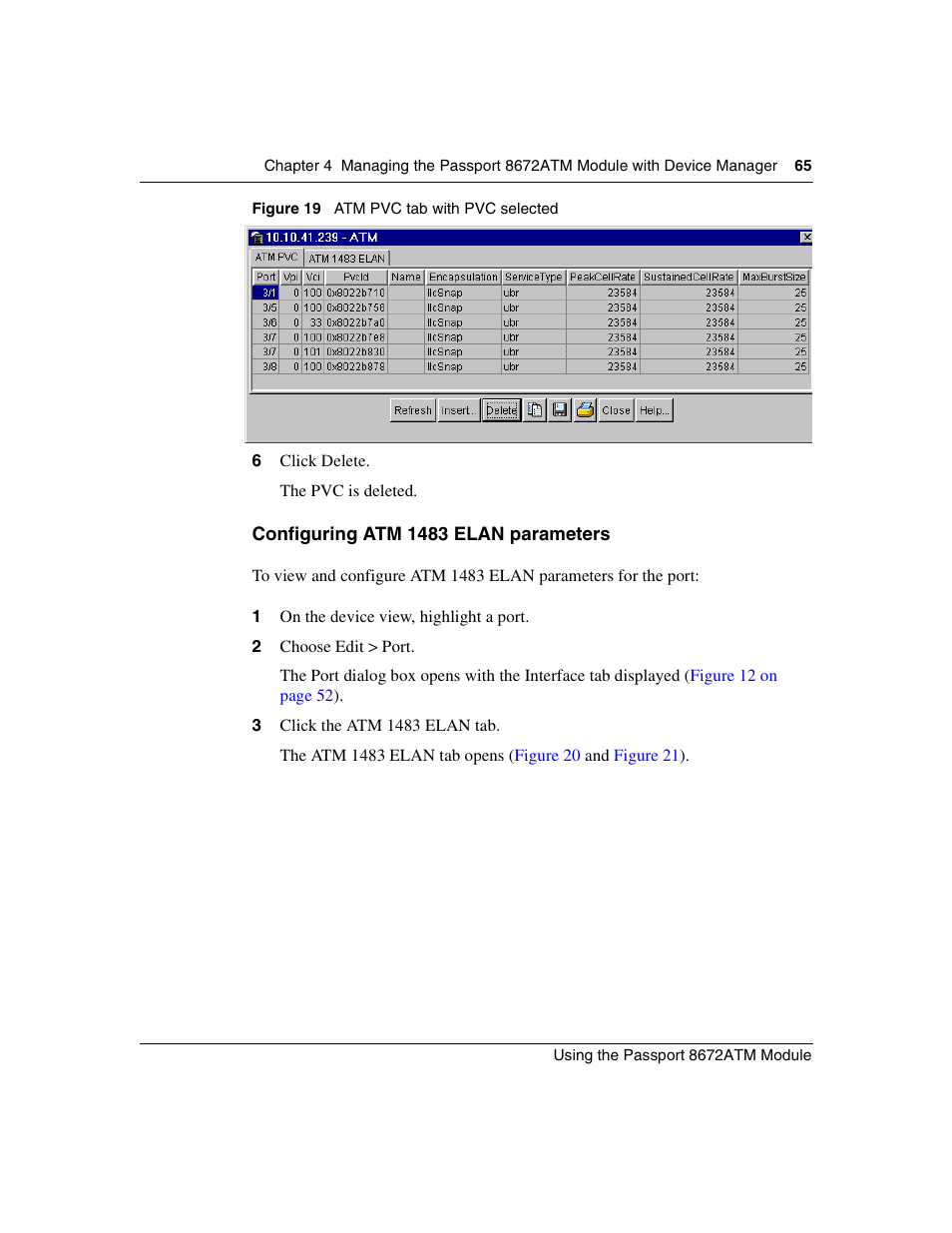 Configuring atm 1483 elan parameters, Figure 19, Atm pvc tab with pvc selected | Nortel Networks Passport Module 8672A User Manual | Page 65 / 152