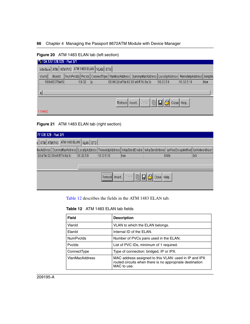 Figure 20, Atm 1483 elan tab (left section), Figure 21 | Atm 1483 elan tab (right section), Table 12, Atm 1483 elan tab fields | Nortel Networks Passport Module 8672A User Manual | Page 66 / 152
