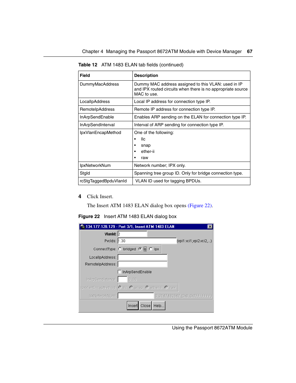 Figure 22, Insert atm 1483 elan dialog box | Nortel Networks Passport Module 8672A User Manual | Page 67 / 152