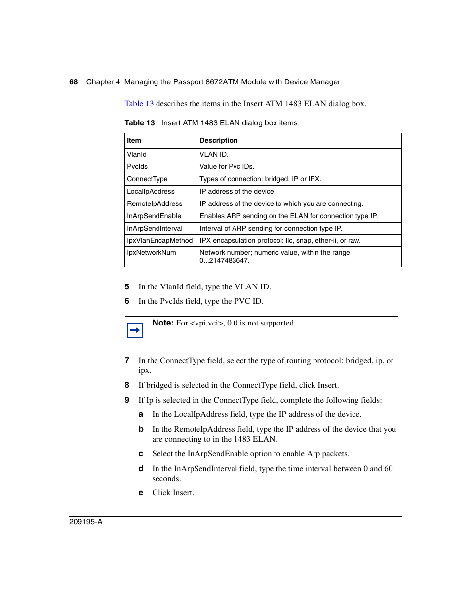 Table 13, Insert atm 1483 elan dialog box items | Nortel Networks Passport Module 8672A User Manual | Page 68 / 152