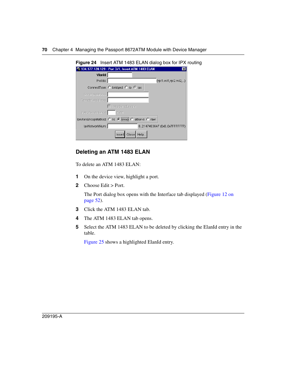 Deleting an atm 1483 elan, Figure 24, Insert atm 1483 elan dialog box for ipx routing | Nortel Networks Passport Module 8672A User Manual | Page 70 / 152