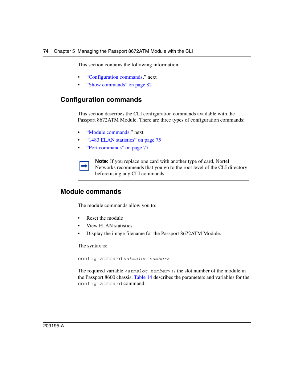 Configuration commands, Module commands | Nortel Networks Passport Module 8672A User Manual | Page 74 / 152