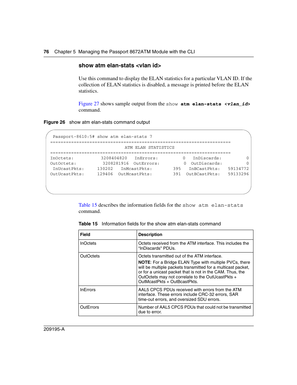 Show atm elan-stats <vlan id, Figure 26, Show atm elan-stats command output | Table 15 | Nortel Networks Passport Module 8672A User Manual | Page 76 / 152