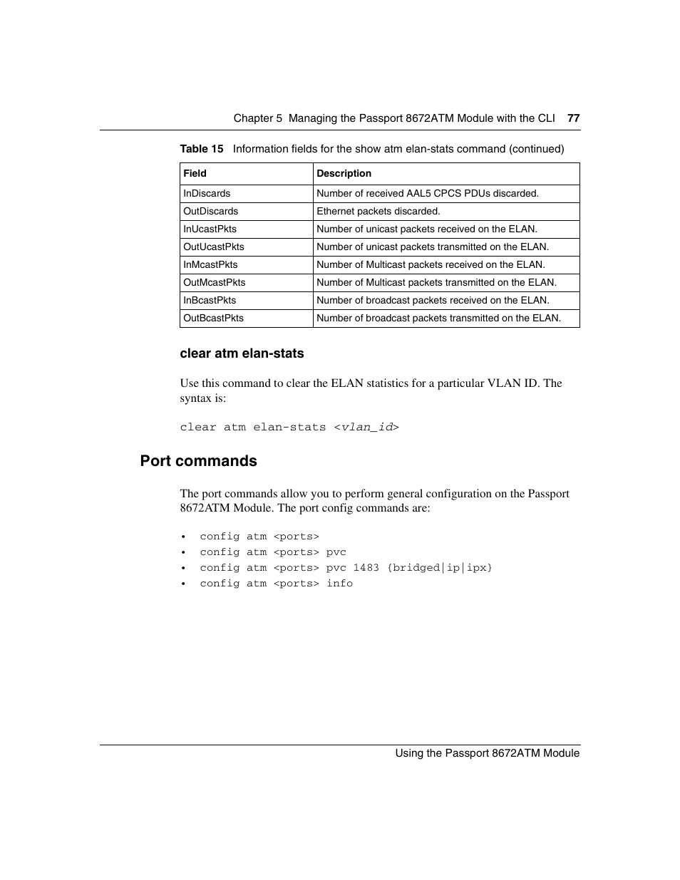 Clear atm elan-stats, Port commands | Nortel Networks Passport Module 8672A User Manual | Page 77 / 152