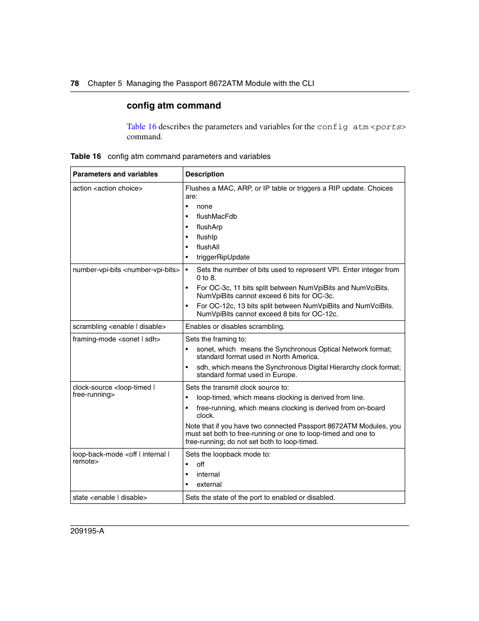 Config atm command, Table 16, Config atm command parameters and variables | Nortel Networks Passport Module 8672A User Manual | Page 78 / 152