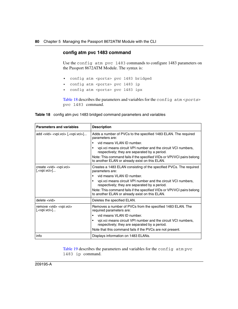 Config atm pvc 1483 command, Table 18 | Nortel Networks Passport Module 8672A User Manual | Page 80 / 152