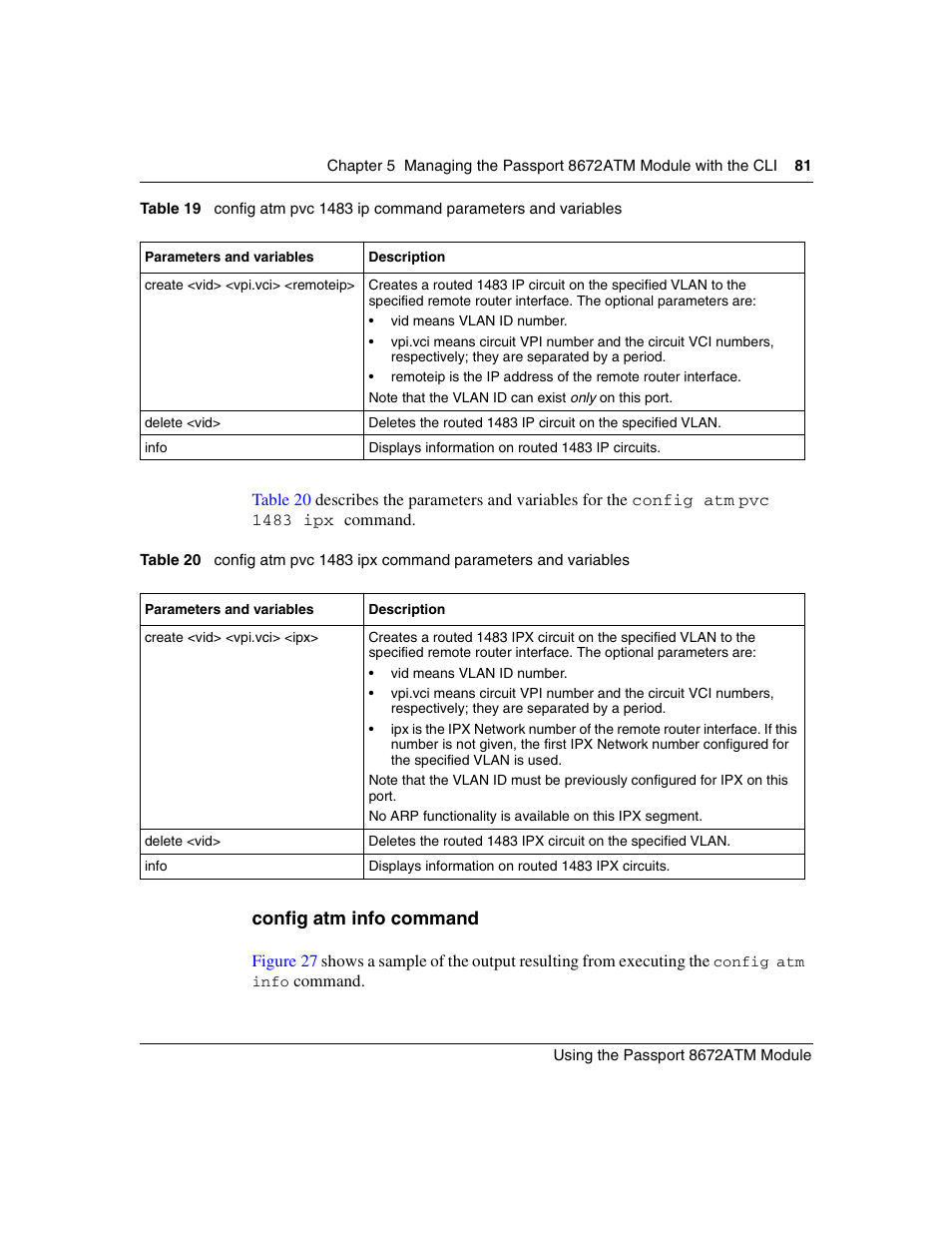 Config atm info command, Table 19, Table 20 | Nortel Networks Passport Module 8672A User Manual | Page 81 / 152