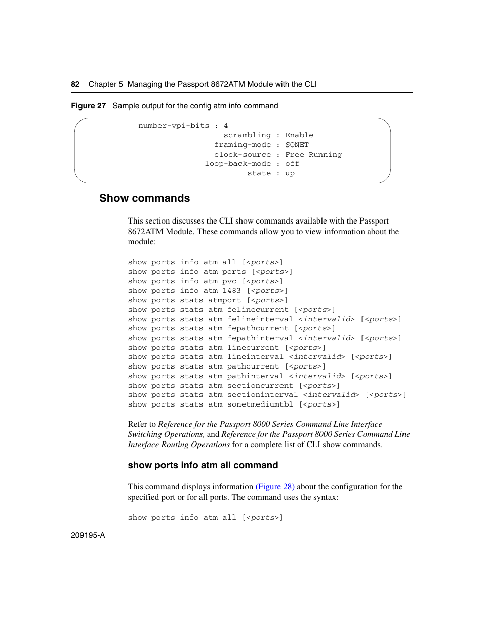 Show commands, Show ports info atm all command, Figure 27 | Sample output for the config atm info command | Nortel Networks Passport Module 8672A User Manual | Page 82 / 152