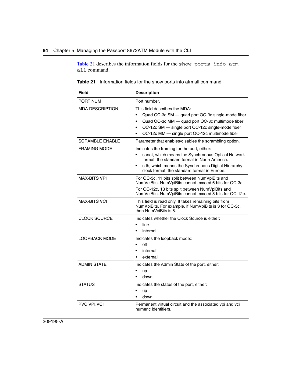 Table 21 | Nortel Networks Passport Module 8672A User Manual | Page 84 / 152