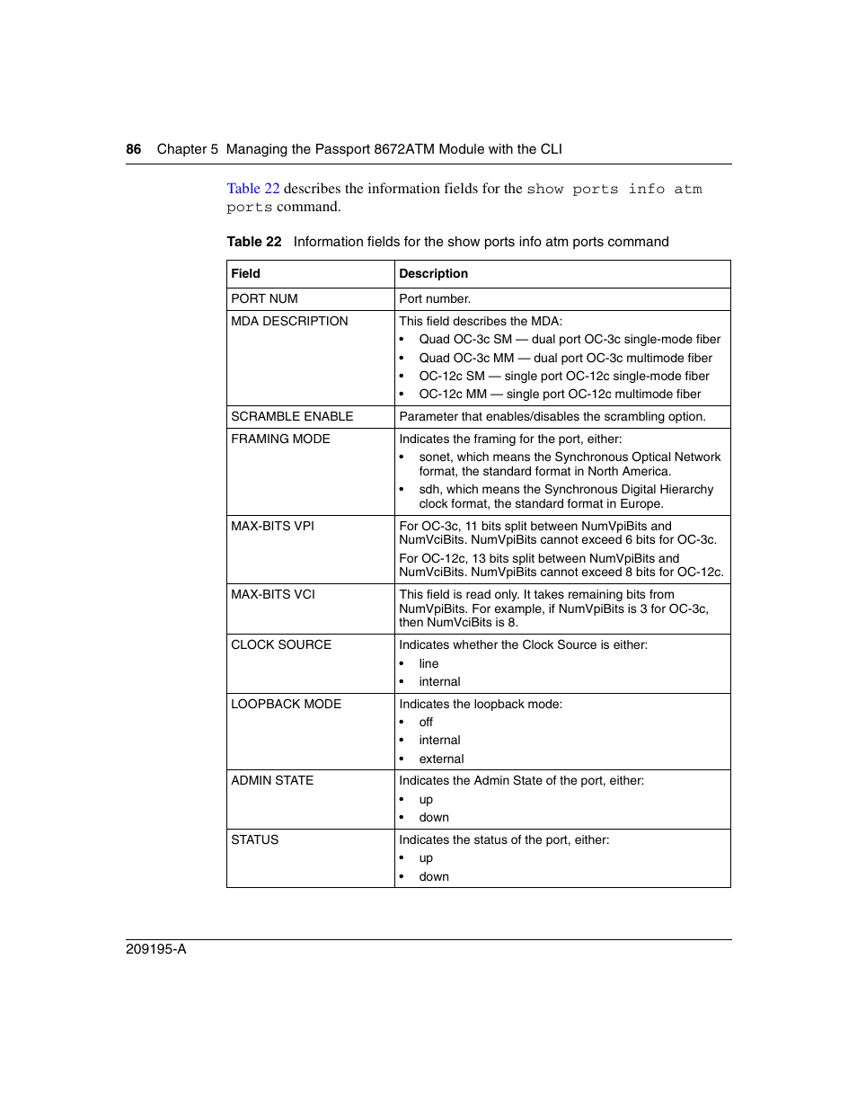 Table 22 | Nortel Networks Passport Module 8672A User Manual | Page 86 / 152