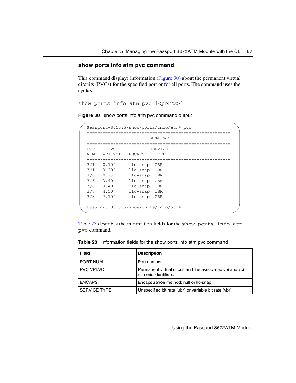 Show ports info atm pvc command, Figure 30, Show ports info atm pvc command output | Table 23 | Nortel Networks Passport Module 8672A User Manual | Page 87 / 152