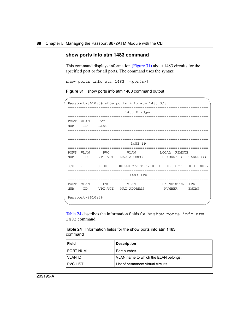 Show ports info atm 1483 command, Figure 31, Show ports info atm 1483 command output | Table 24 | Nortel Networks Passport Module 8672A User Manual | Page 88 / 152