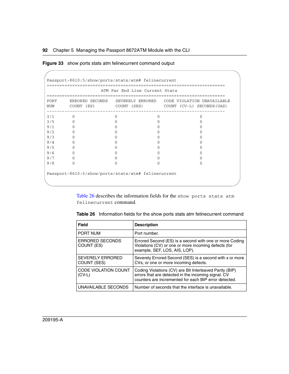 Figure 33, Show ports stats atm felinecurrent command output, Table 26 | Nortel Networks Passport Module 8672A User Manual | Page 92 / 152