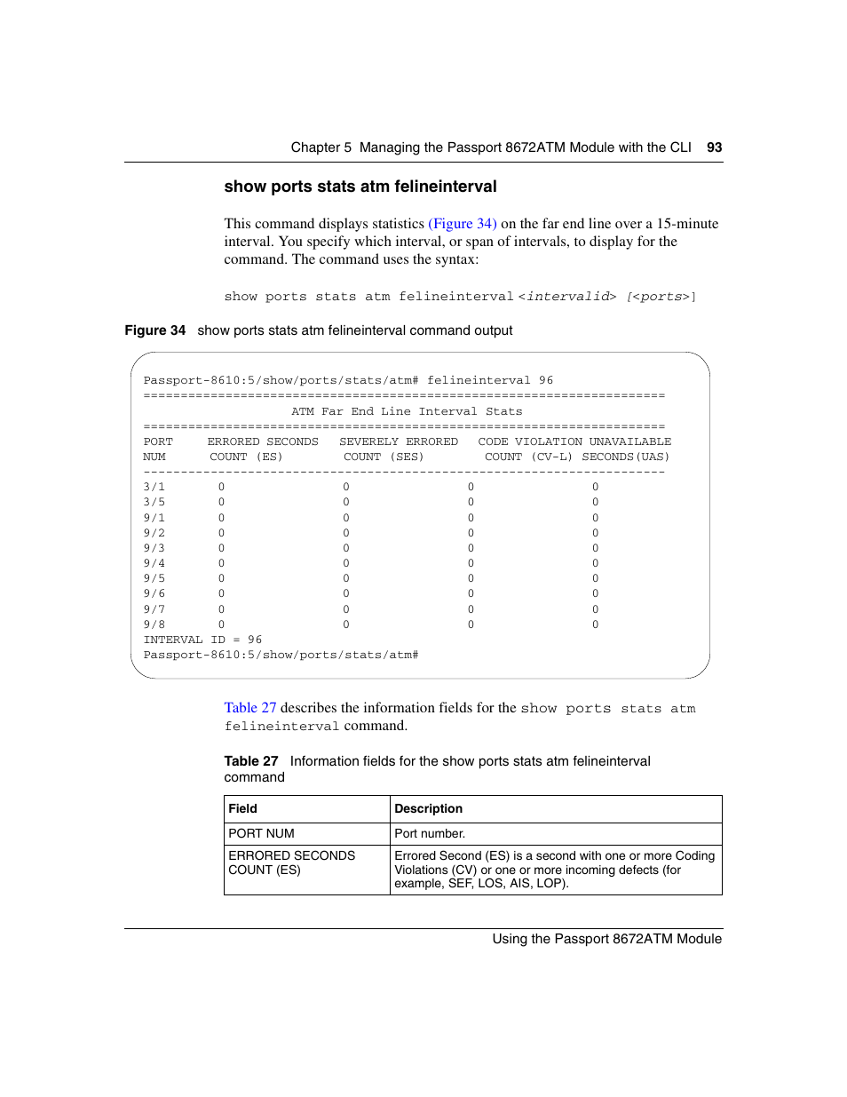 Show ports stats atm felineinterval, Figure 34, Show ports stats atm felineinterval command output | Table 27 | Nortel Networks Passport Module 8672A User Manual | Page 93 / 152