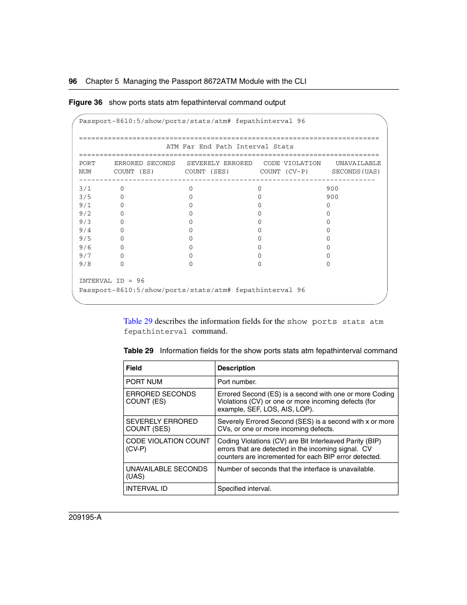 Figure 36, Show ports stats atm fepathinterval command output, Table 29 | Figure 36) | Nortel Networks Passport Module 8672A User Manual | Page 96 / 152