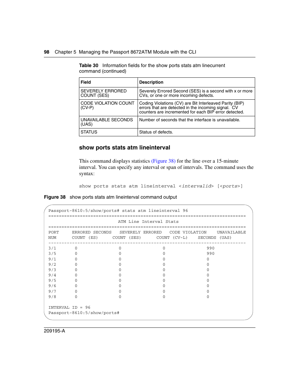 Show ports stats atm lineinterval, Figure 38, Show ports stats atm lineinterval command output | Nortel Networks Passport Module 8672A User Manual | Page 98 / 152