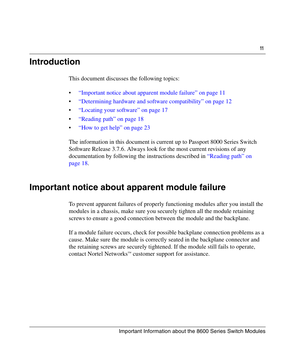 Introduction, Important notice about apparent module failure | Nortel Networks 8600 User Manual | Page 11 / 24