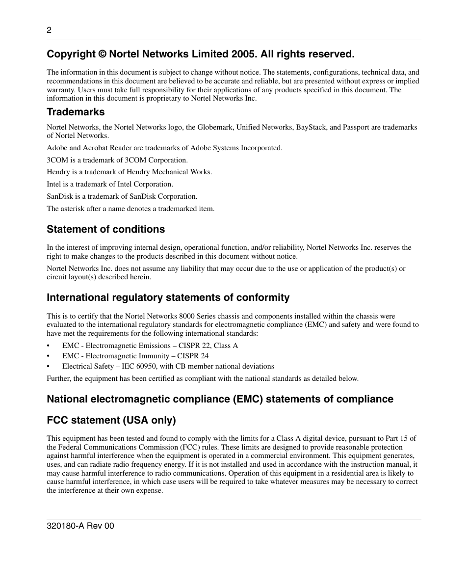 Trademarks, Statement of conditions, International regulatory statements of conformity | Nortel Networks 8600 User Manual | Page 2 / 24