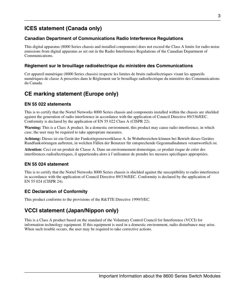 Ices statement (canada only), Ce marking statement (europe only), Vcci statement (japan/nippon only) | Nortel Networks 8600 User Manual | Page 3 / 24