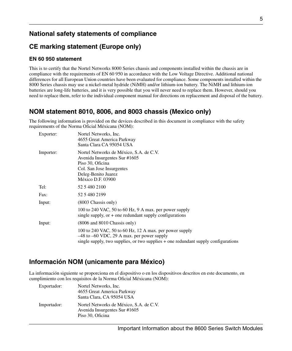 Información nom (unicamente para méxico) | Nortel Networks 8600 User Manual | Page 5 / 24