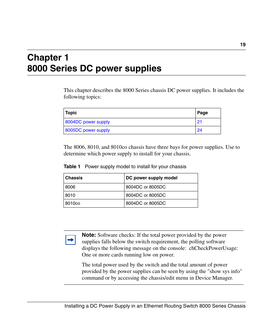 Chapter 1: 8000 series dc power supplies, Chapter 1 8000 series dc power supplies, Table 1 | Power supply model to install for your chassis | Nortel Networks 8000 Series User Manual | Page 19 / 60