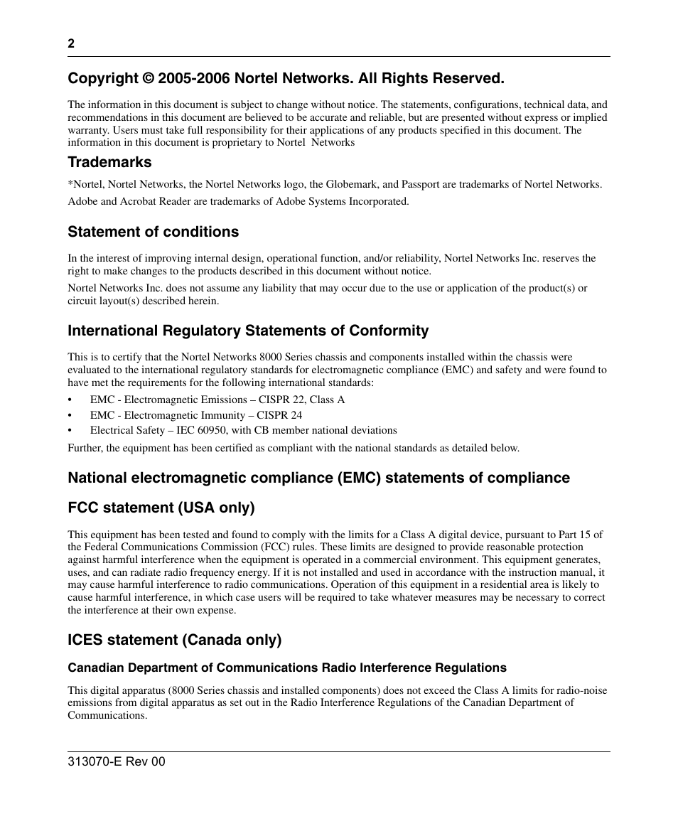 Trademarks, Statement of conditions, International regulatory statements of conformity | Ices statement (canada only) | Nortel Networks 8000 Series User Manual | Page 2 / 60