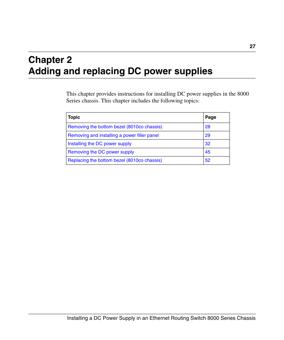 Chapter 2: adding and replacing dc power supplies, Chapter 2 adding and replacing dc power supplies | Nortel Networks 8000 Series User Manual | Page 27 / 60