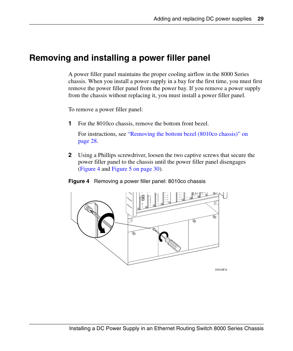Removing and installing a power filler panel, Figure 4, Removing a power filler panel: 8010co chassis | Nortel Networks 8000 Series User Manual | Page 29 / 60