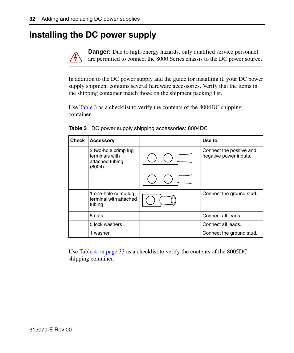 Installing the dc power supply, Table 3, Dc power supply shipping accessories: 8004dc | Installing the dc power | Nortel Networks 8000 Series User Manual | Page 32 / 60