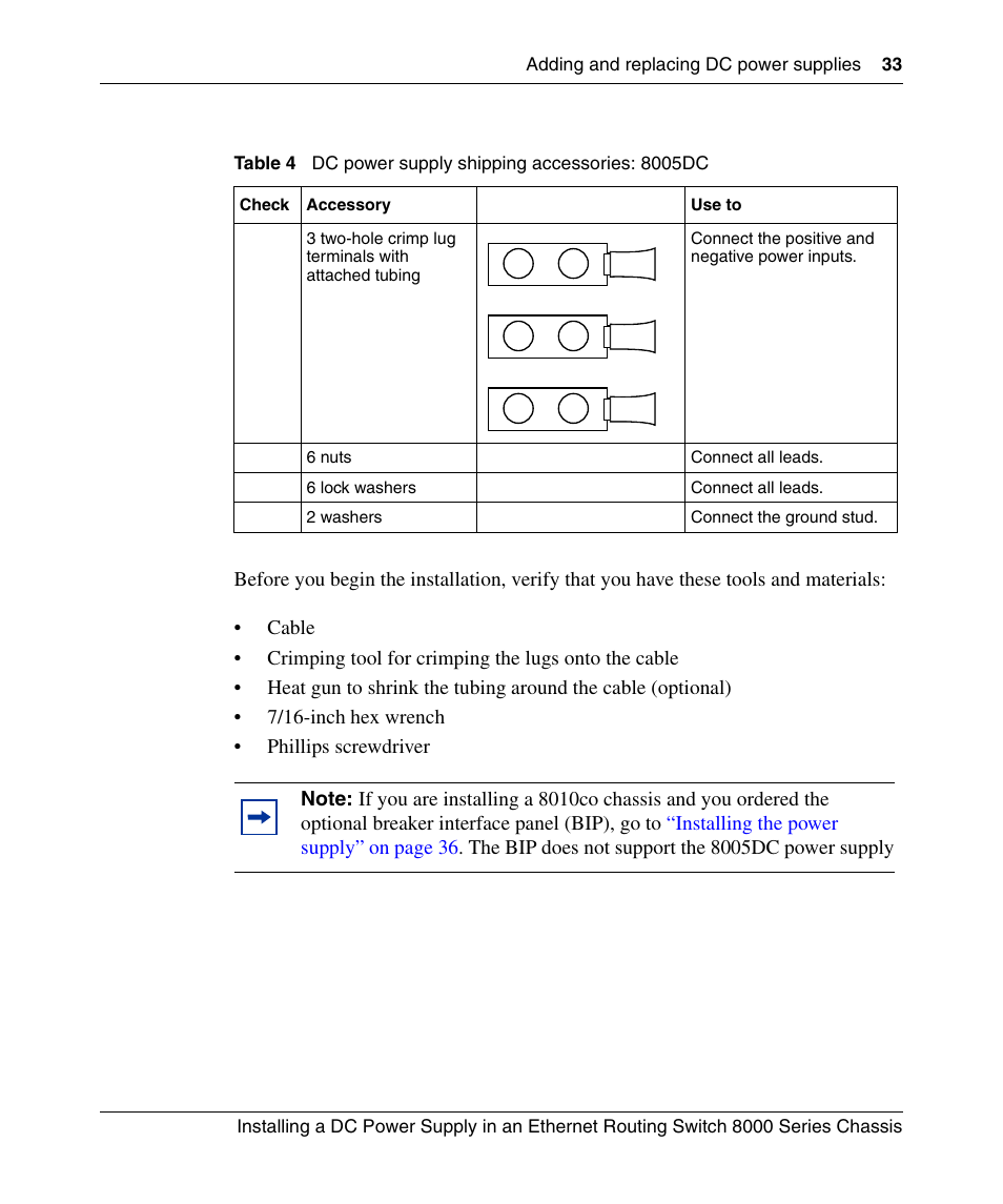 Table 4, Dc power supply shipping accessories: 8005dc | Nortel Networks 8000 Series User Manual | Page 33 / 60