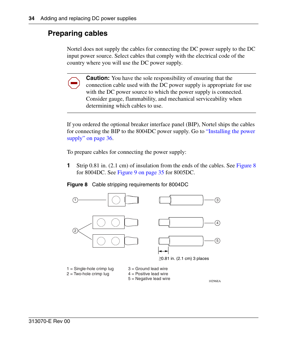 Preparing cables, Figure 8, Cable stripping requirements for 8004dc | Nortel Networks 8000 Series User Manual | Page 34 / 60