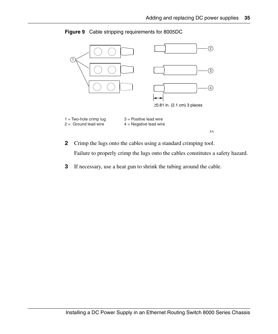 Figure 9, Cable stripping requirements for 8005dc, For 8004dc. see | Nortel Networks 8000 Series User Manual | Page 35 / 60