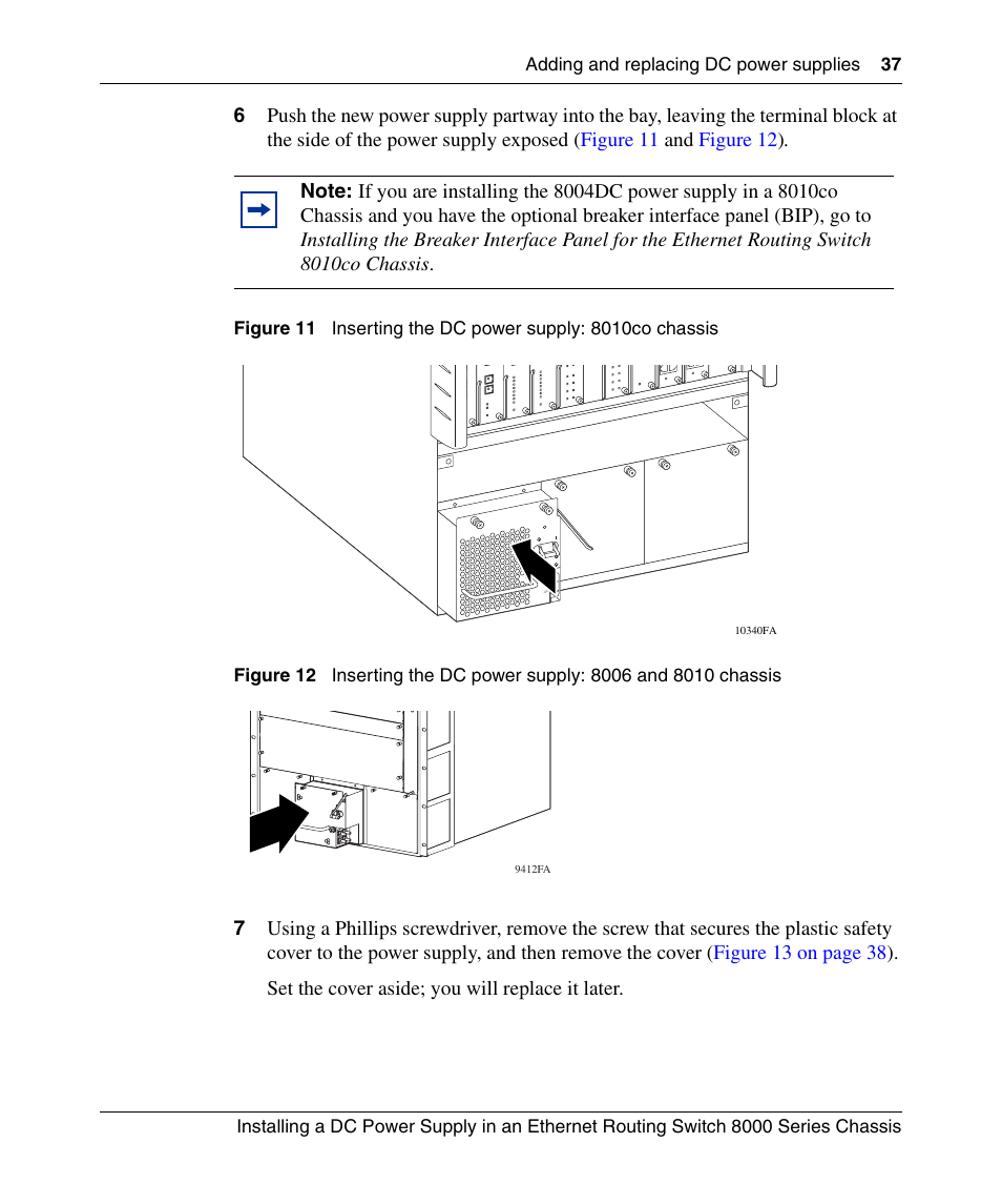Figure 11, Inserting the dc power supply: 8010co chassis, Figure 12 | Nortel Networks 8000 Series User Manual | Page 37 / 60