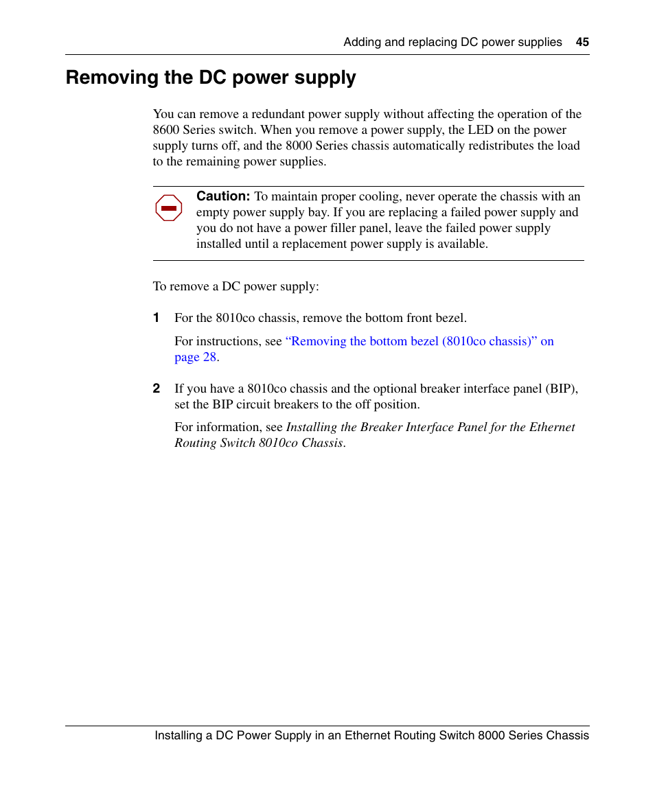 Removing the dc power supply | Nortel Networks 8000 Series User Manual | Page 45 / 60